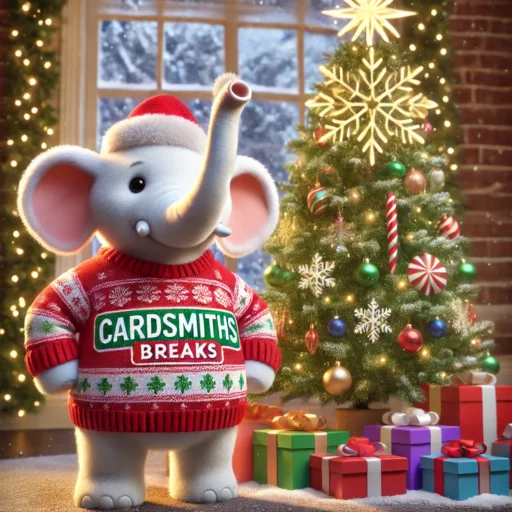 DALL·E 2024 12 21 12.43.58 A festive Christmas scene featuring a white elephant standing beside a beautifully decorated Christmas tree with colorful gifts underneath. The tree i Card – 2025 CSB White Elephant